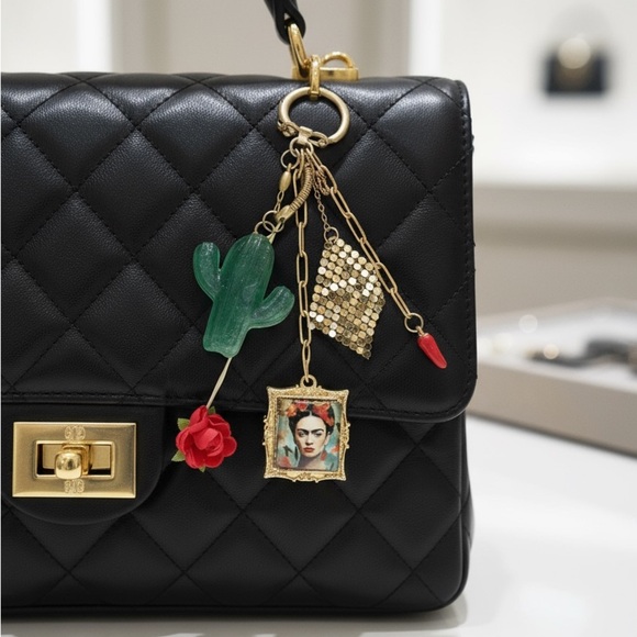 ART FRIDA KAHLO BAG CHARM PURSE KEYCHAIN GOLD FOLK ART SUCCULENT RED GREEN - Picture 8 of 8